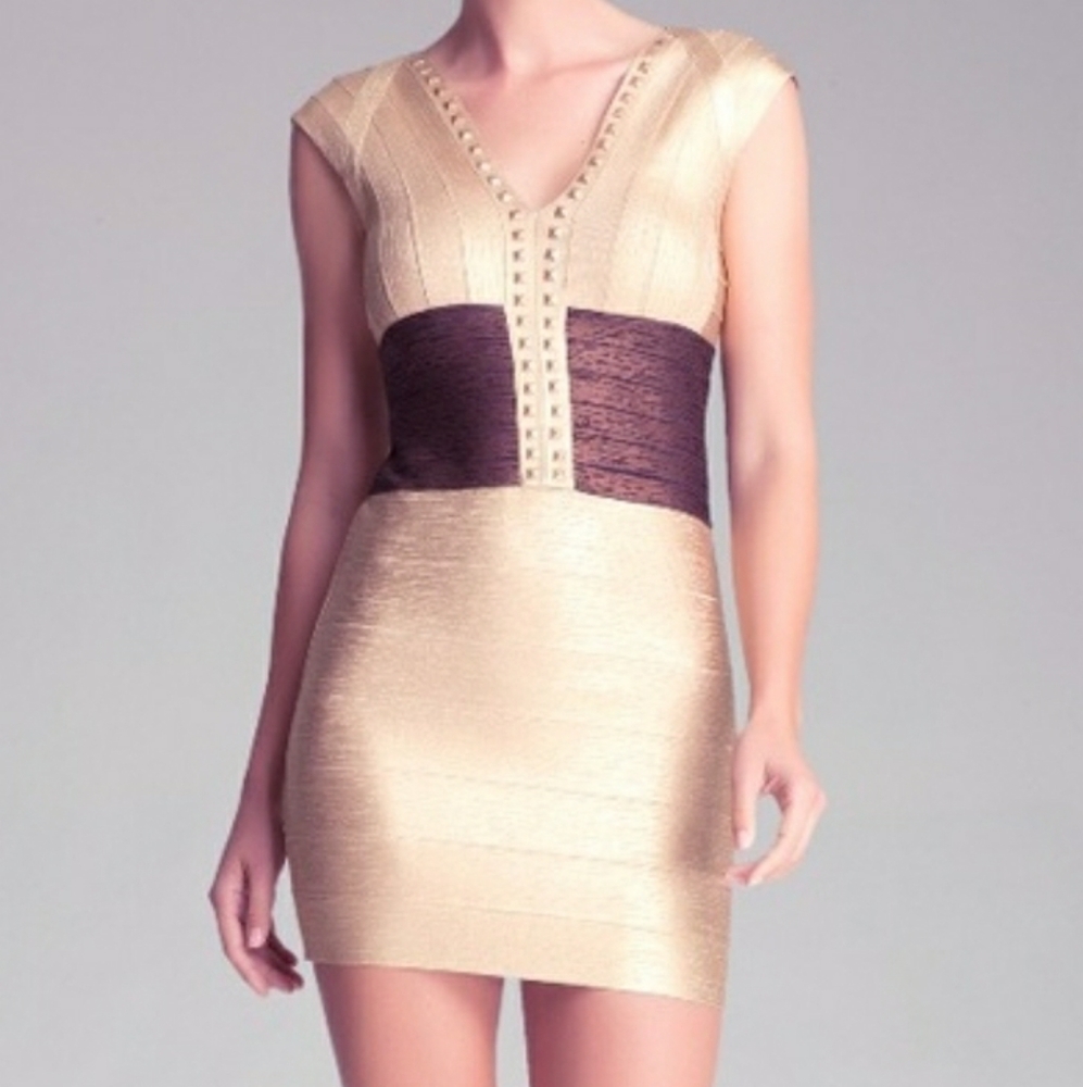 Bebe Studded Foiled Bandage Dress